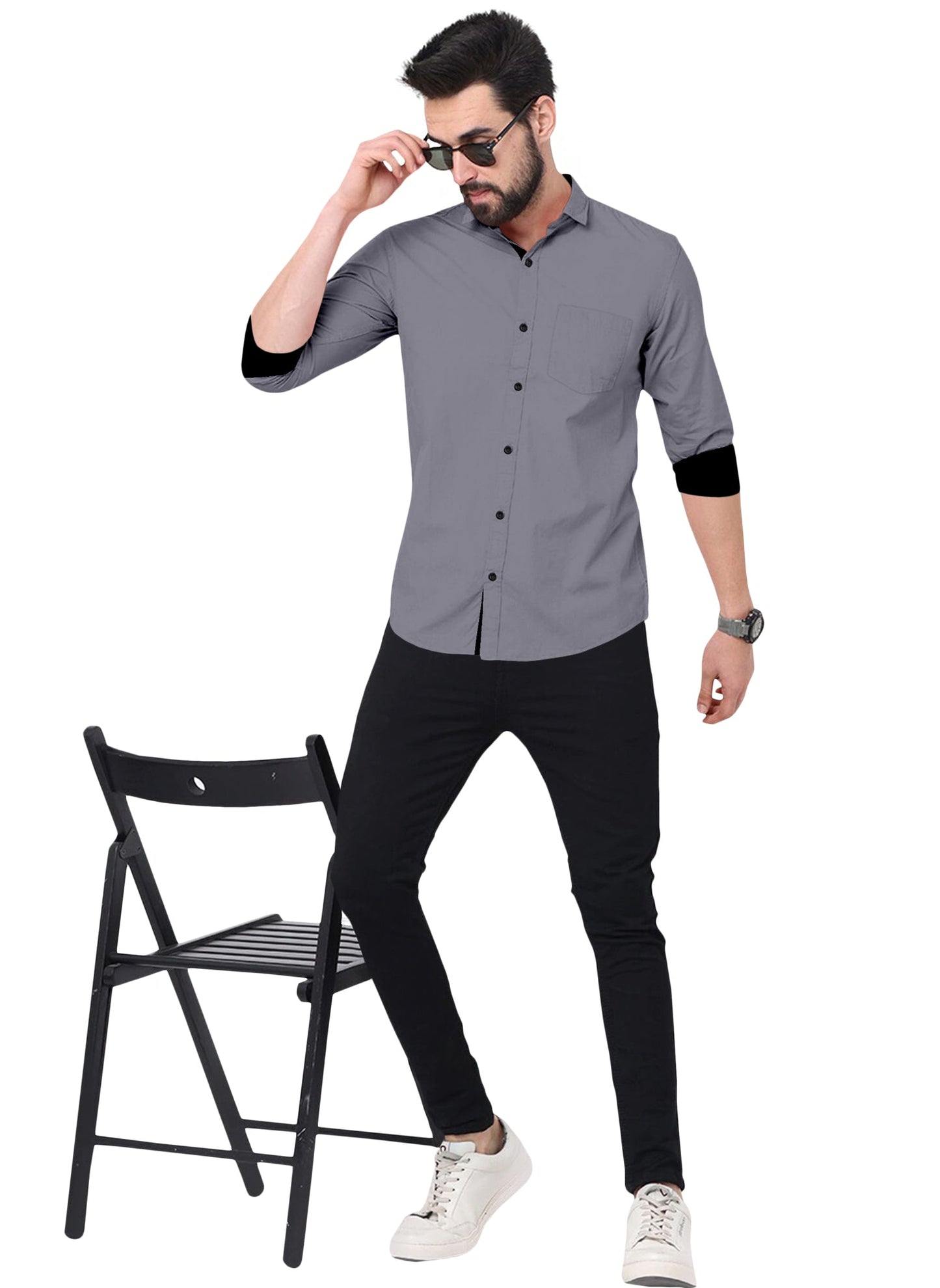 Men's Solid Plain Design Slim Fit Grey Cotton Shirt