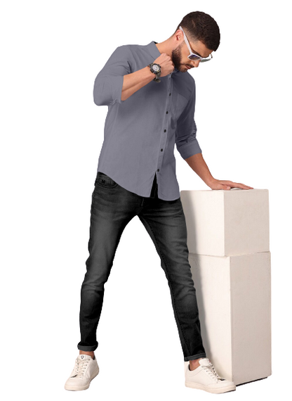 Men's Solid Plain Design Slim Fit Grey Cotton Shirt