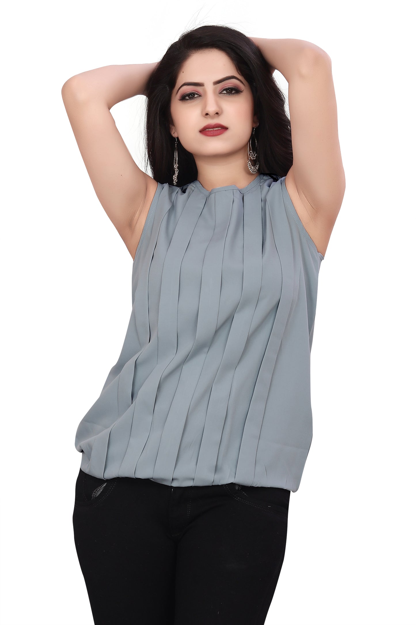 SUR-T Casual Sleeveless Striped Women Grey Top