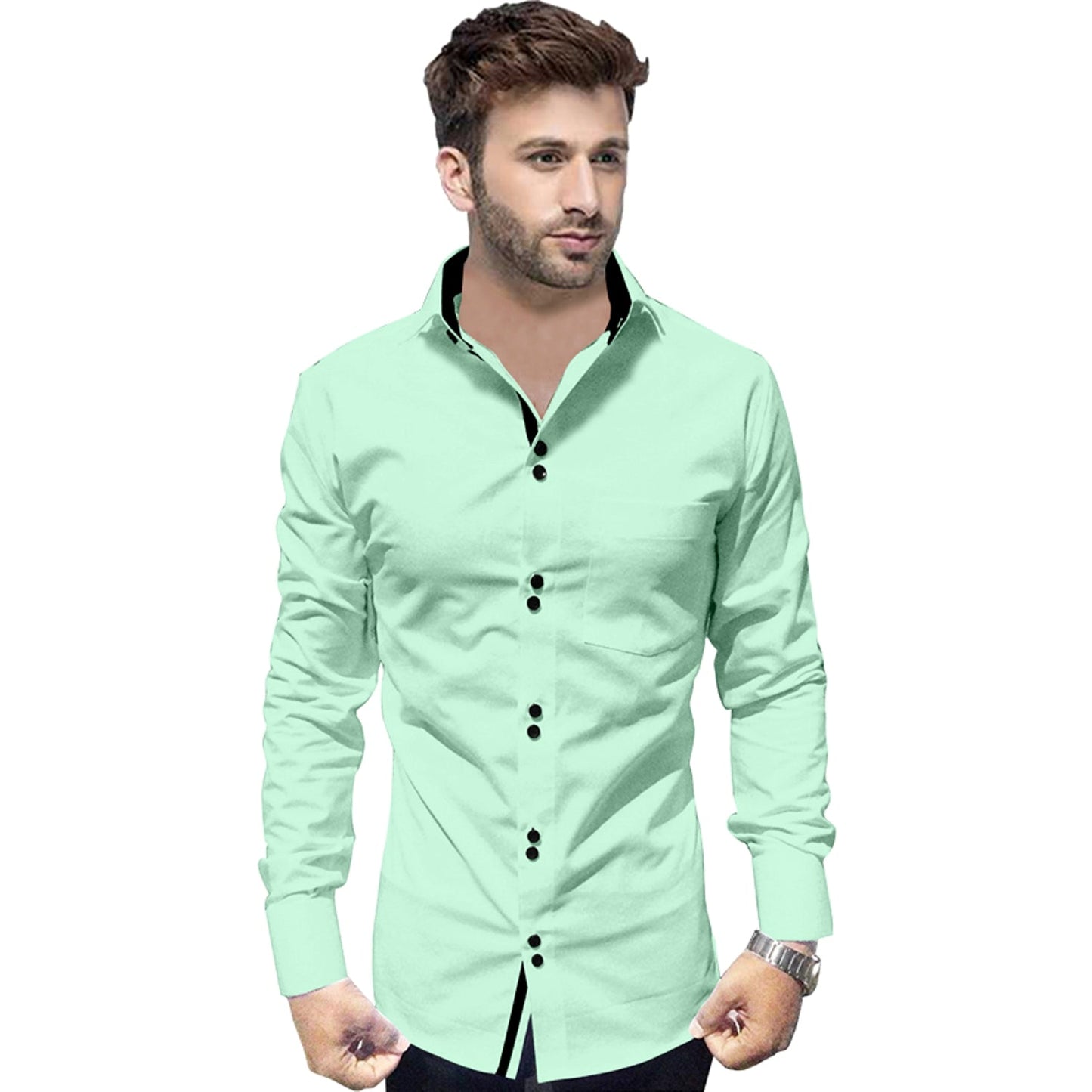 Men's Solid Slim Fit Cotton Double Button Light Green Shirt
