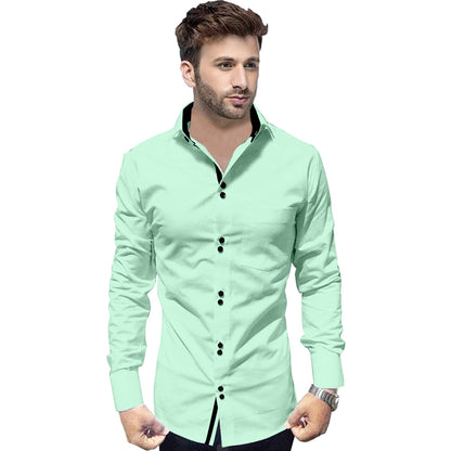 Men's Solid Slim Fit Cotton Double Button Light Green Shirt
