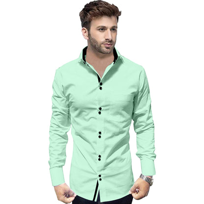 Men's Solid Slim Fit Cotton Double Button Light Green Shirt