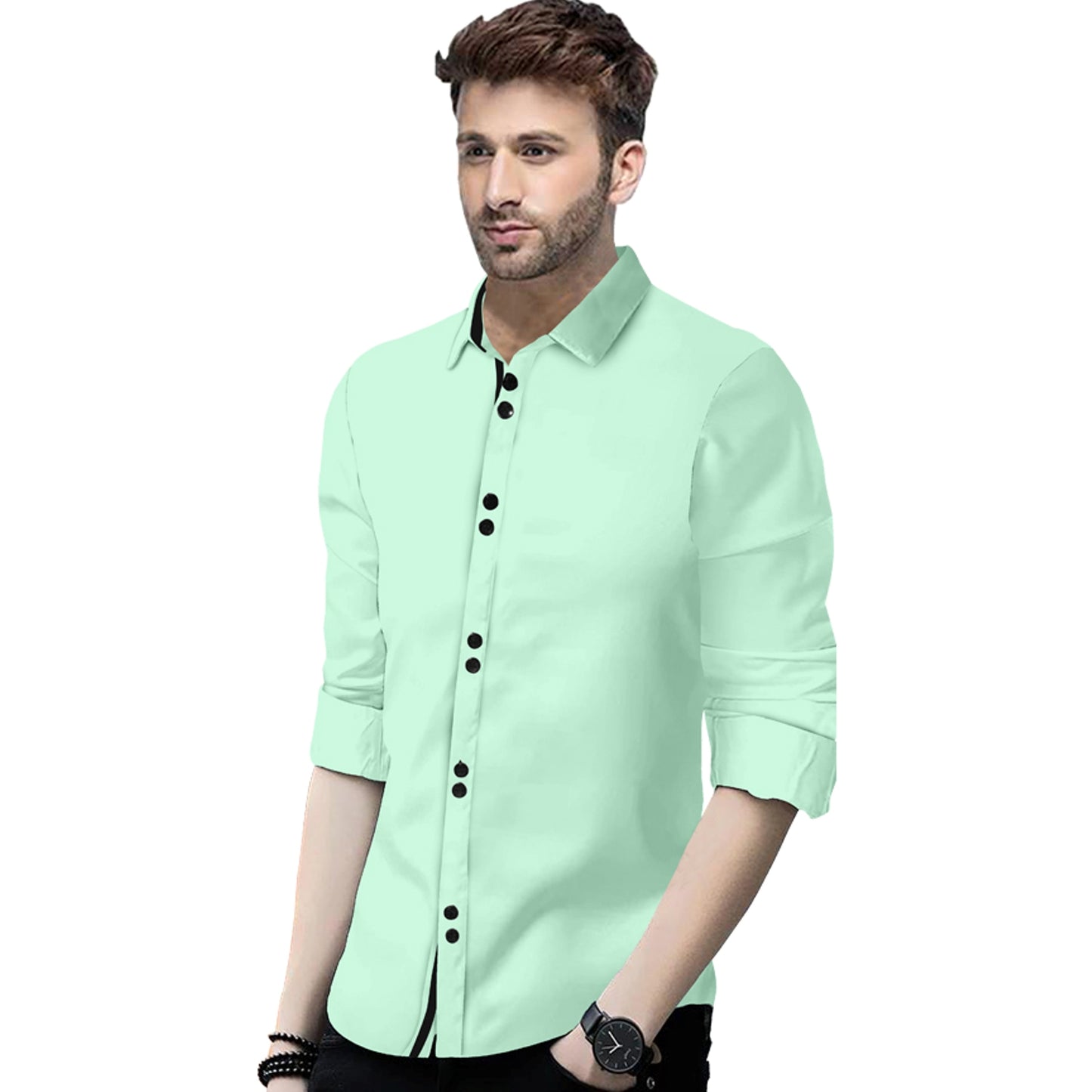 Men's Solid Slim Fit Cotton Double Button Light Green Shirt