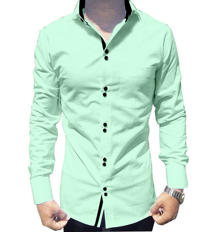 Men's Solid Slim Fit Cotton Double Button Light Green Shirt