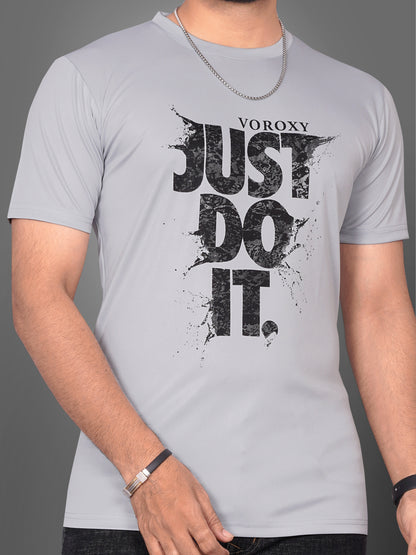 SUR-T Men Printed, Typography Round Neck Polyester Silver T-Shirt