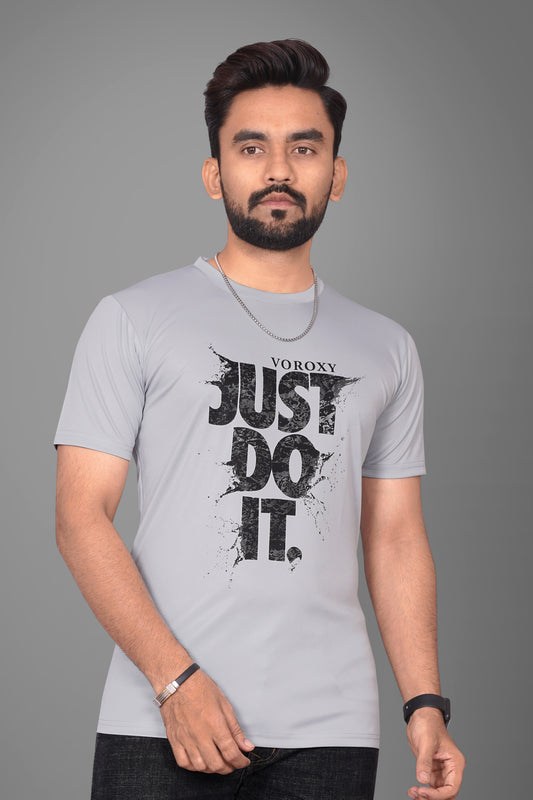 SUR-T Men Printed, Typography Round Neck Polyester Silver T-Shirt