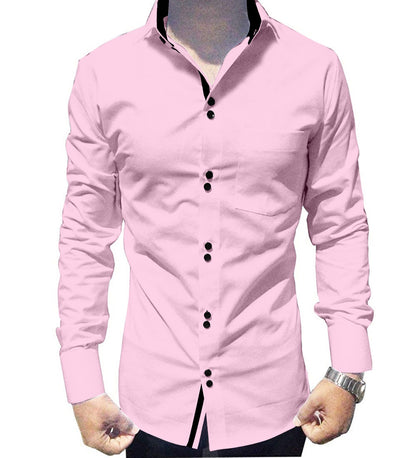 Men's Solid Slim Fit Cotton Double Button Light Pink Shirt