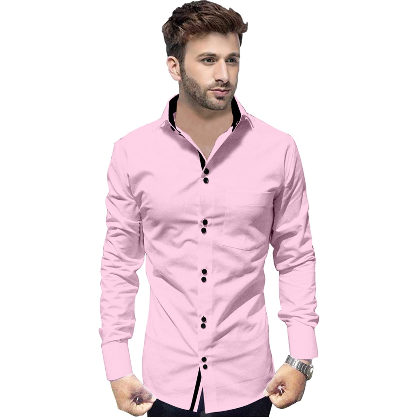 Men's Solid Slim Fit Cotton Double Button Light Pink Shirt