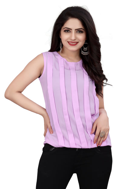 SUR-T Casual Sleeveless Striped Women Light Pink Top