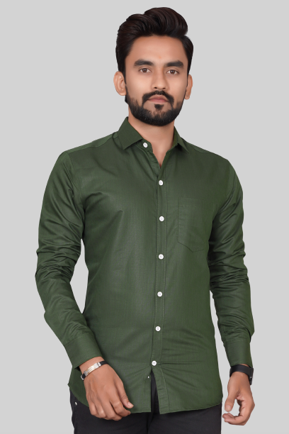 Men's Regular Fit Solid Spread Collar Casual Mehndi Green Shirt