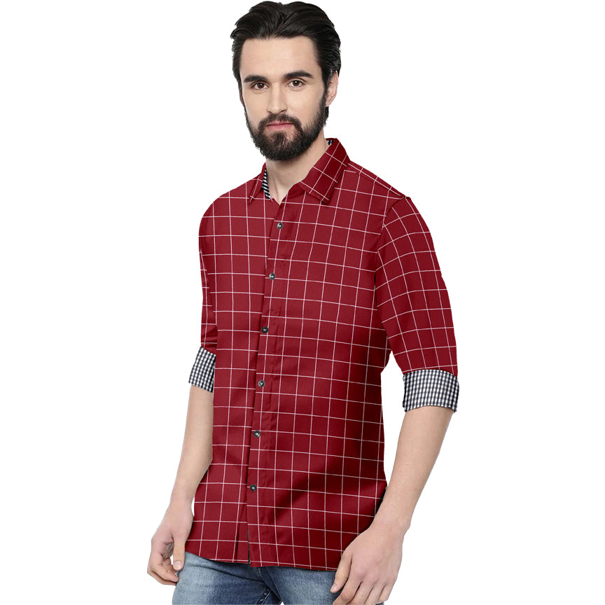 Men's 7 Checkers Slim Fit Maroon Cotton Shirt