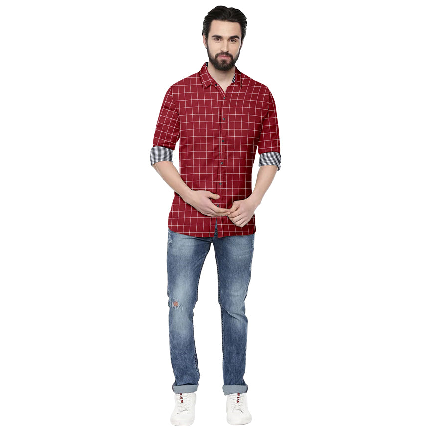 Men's 7 Checkers Slim Fit Maroon Cotton Shirt