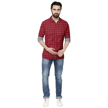 Men's 7 Checkers Slim Fit Maroon Cotton Shirt