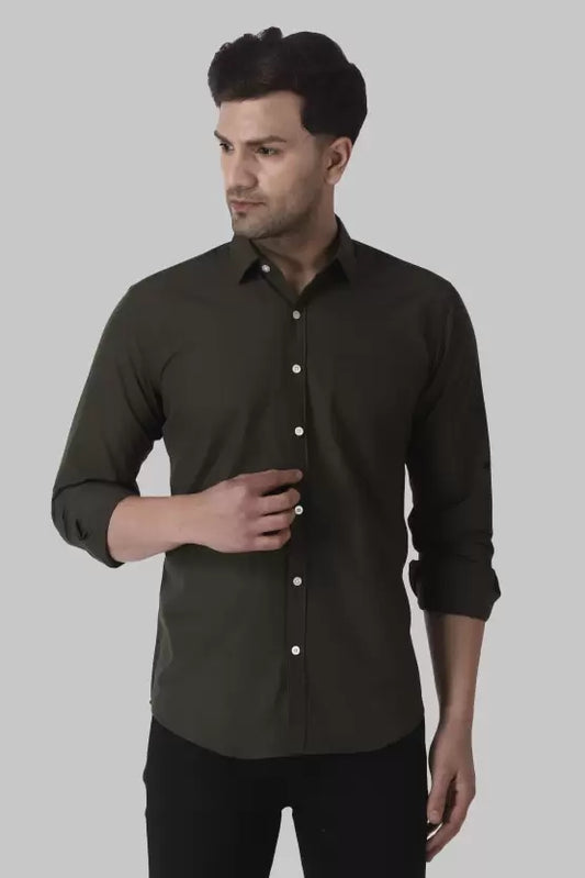 Men's Regular Fit Solid Spread Collar Casual Mehndi Green Shirt