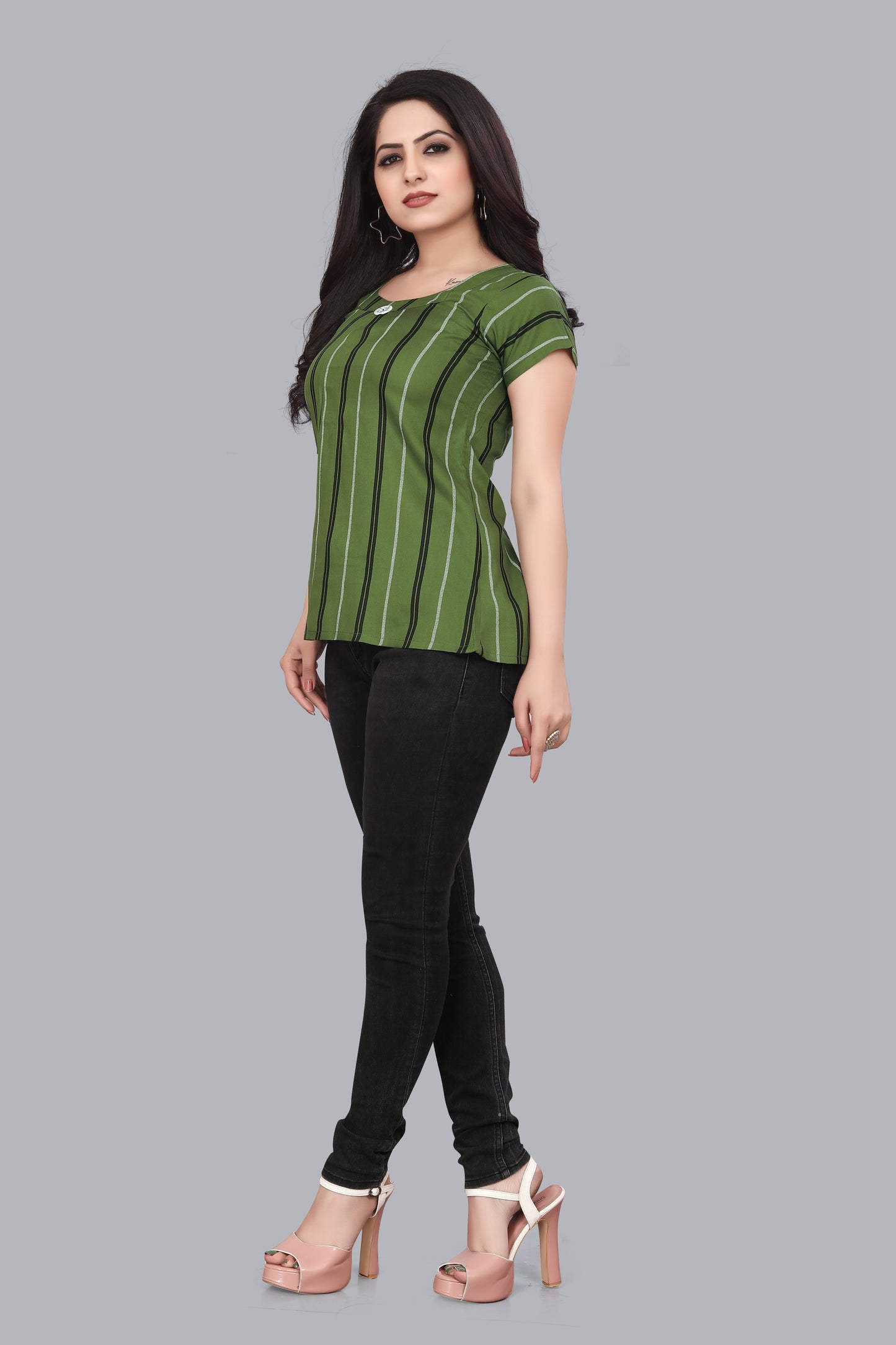 SUR-T Casual Regular Sleeves Striped Women Green Top