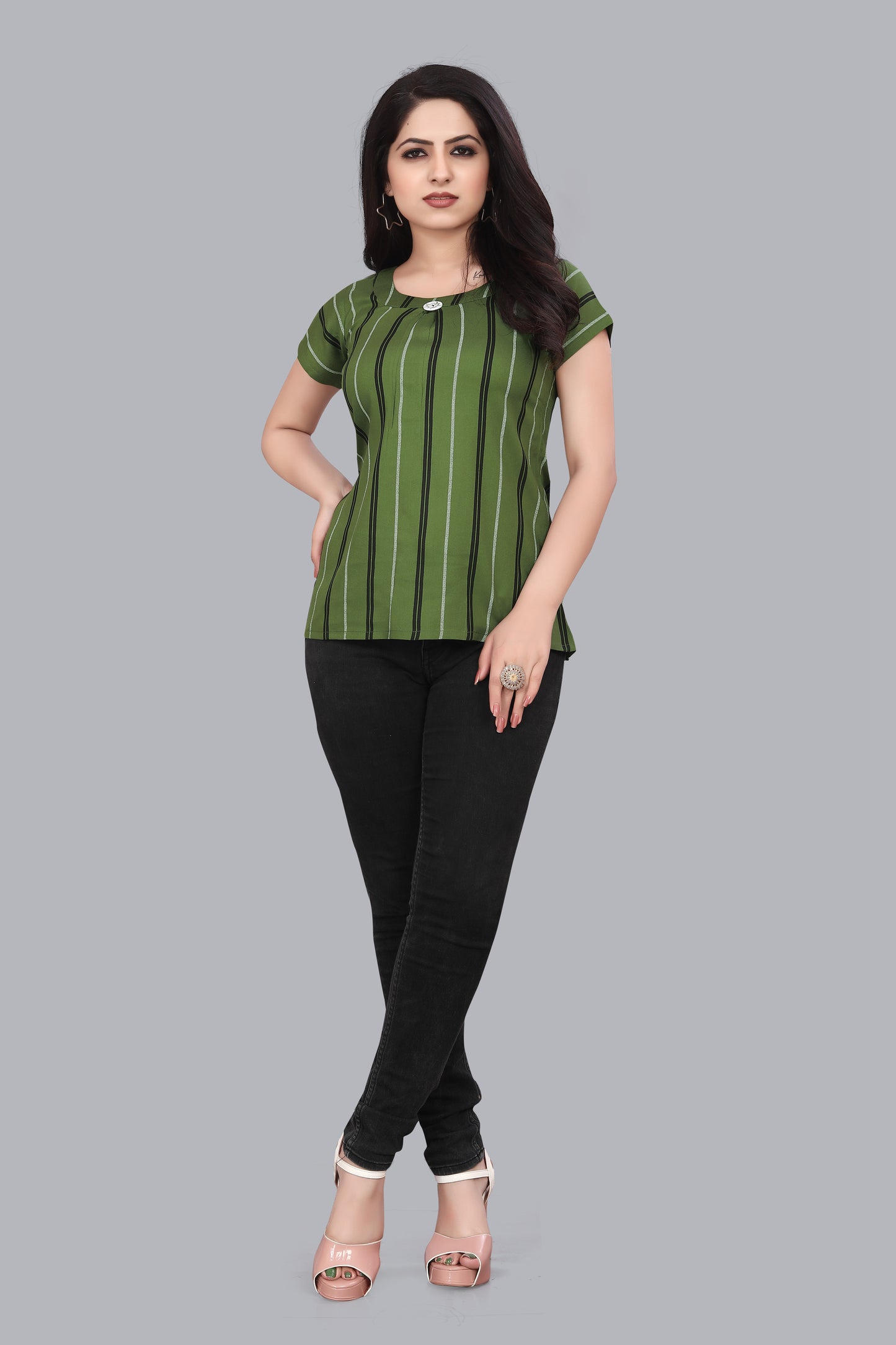 SUR-T Casual Regular Sleeves Striped Women Green Top