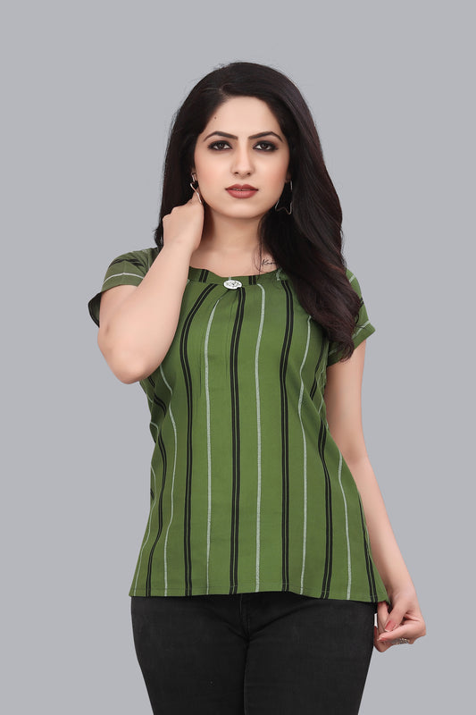 SUR-T Casual Regular Sleeves Striped Women Green Top