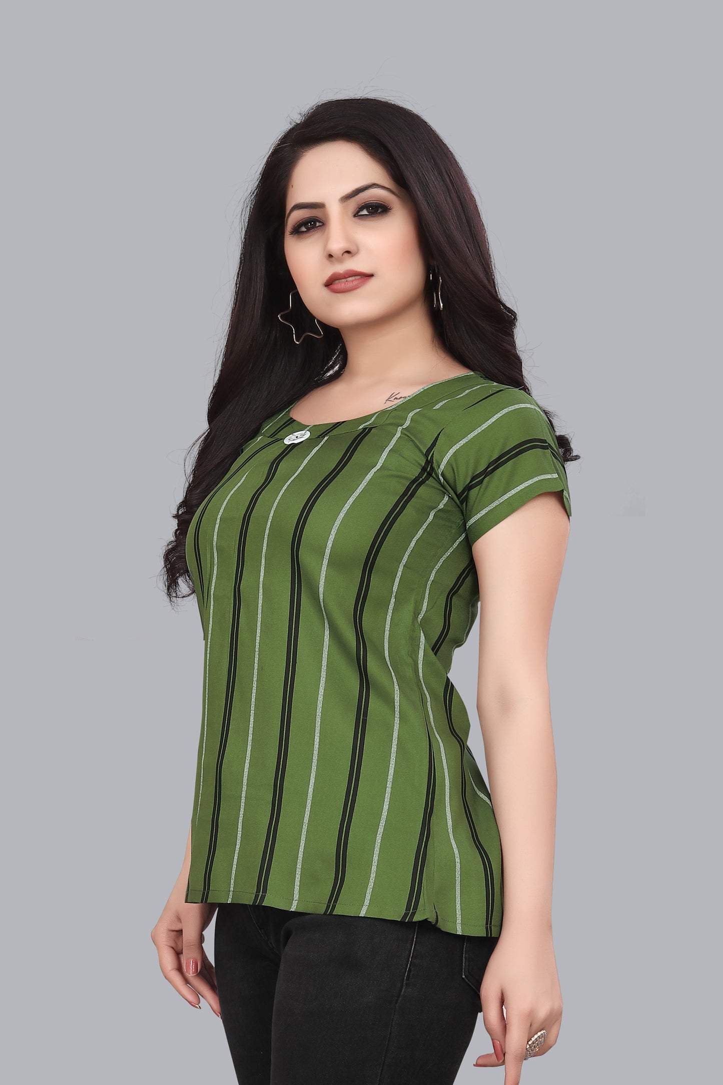 SUR-T Casual Regular Sleeves Striped Women Green Top