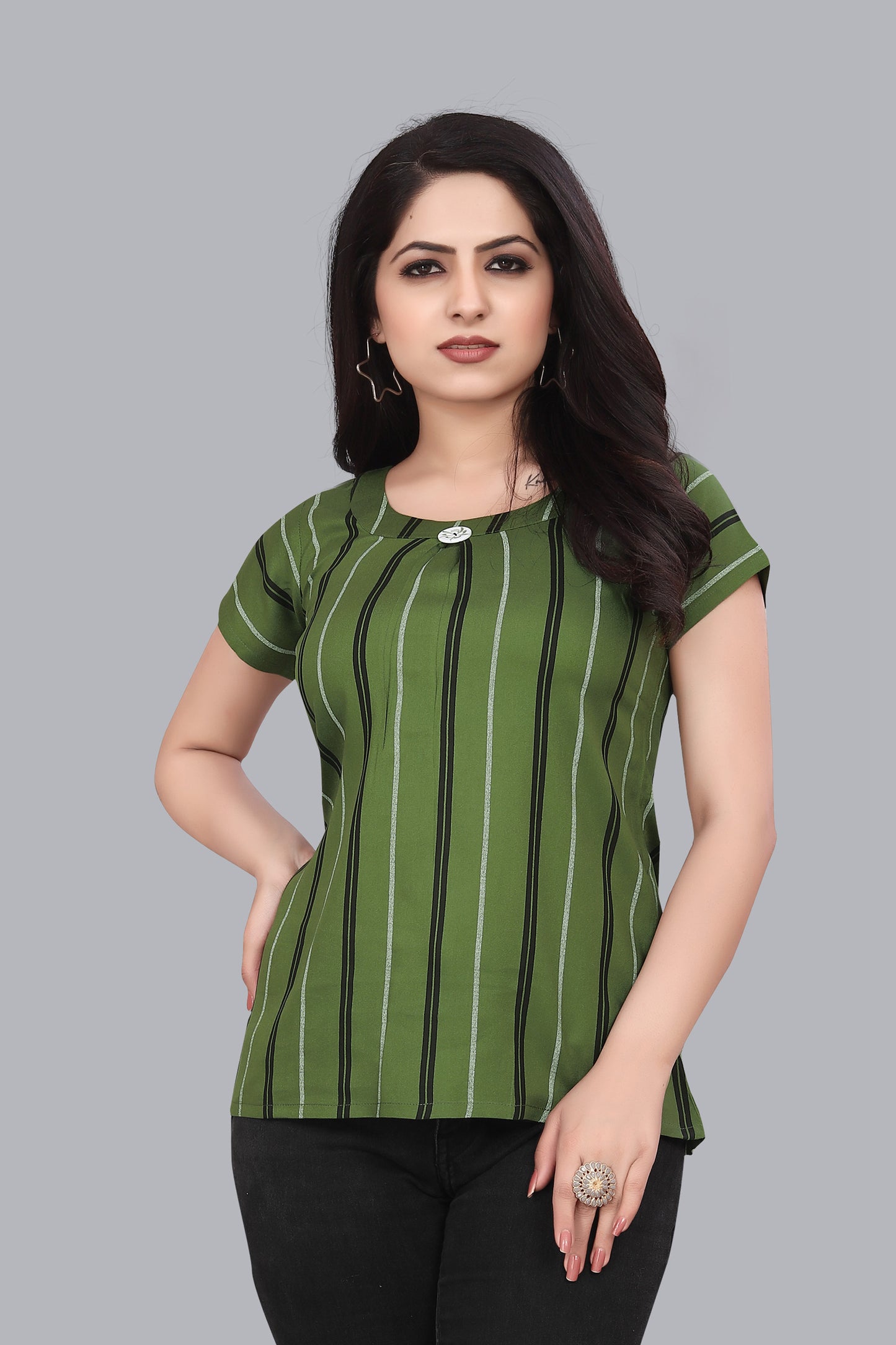 SUR-T Casual Regular Sleeves Striped Women Green Top