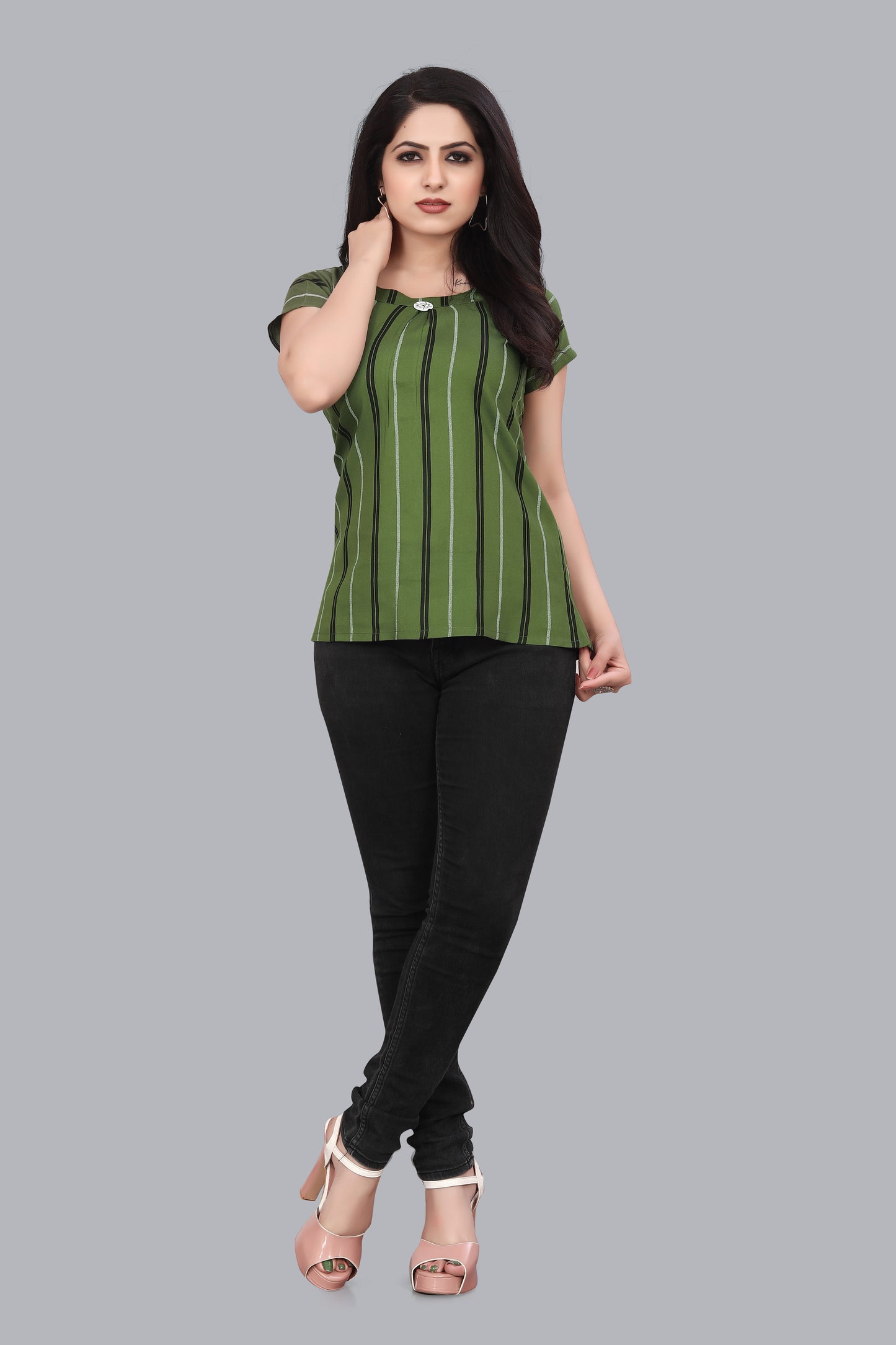 SUR-T Casual Regular Sleeves Striped Women Green Top