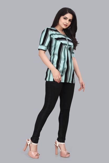 SUR-T Casual Regular Sleeves Striped Women Mint Green Top