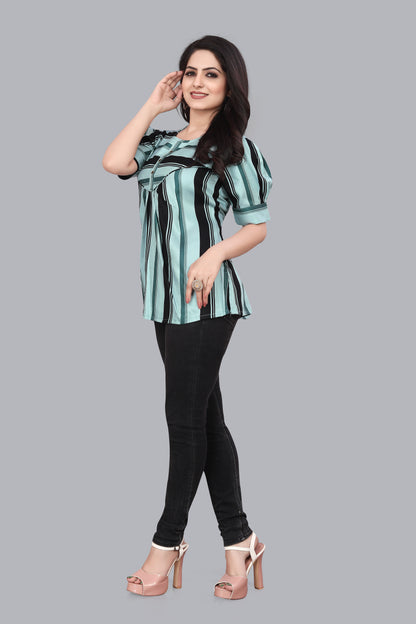 SUR-T Casual Regular Sleeves Striped Women Mint Green Top