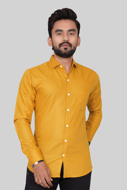 Men's Regular Fit Solid Spread Collar Casual Musterd Shirt