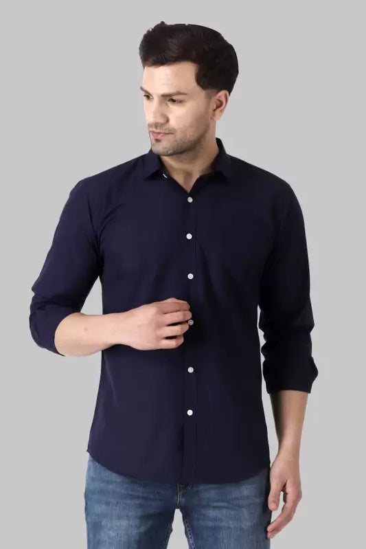Men's Regular Fit Solid Spread Collar Casual Navy Blue Shirt