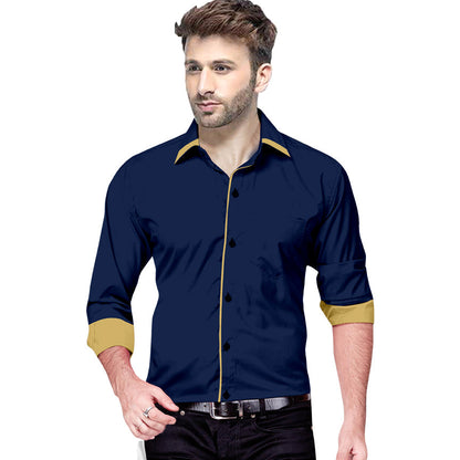 Men's Liner Design Slim Fit Navy Blue Cotton Shirt