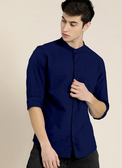 Stylish Navy Blue Men Slim Fit Solid Mandarin Collar Shirt