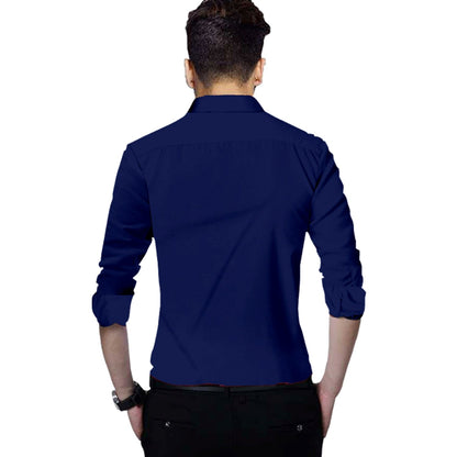 Men's Solid Slim Fit Cotton Double Button Navy Blue Shirt