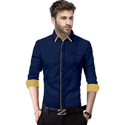 Men's Liner Design Slim Fit Navy Blue Cotton Shirt