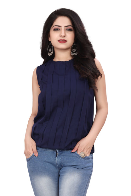 SUR-T Casual Sleeveless Striped Women Navy Blue Top