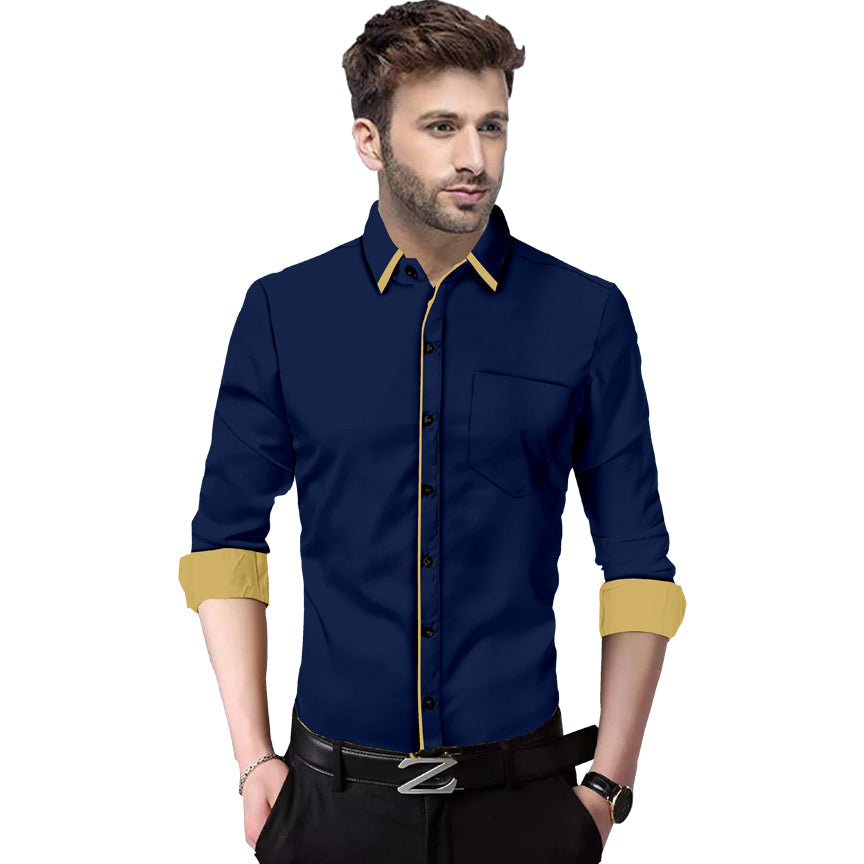 Men's Liner Design Slim Fit Navy Blue Cotton Shirt