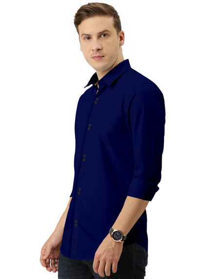 Men's Solid Slim Fit Cotton Double Button Navy Blue Shirt