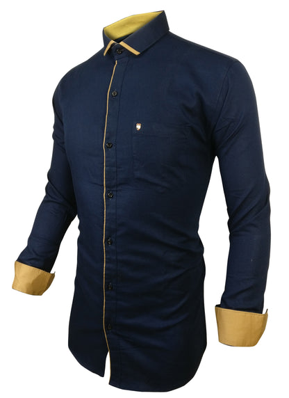Men's Liner Design Slim Fit Navy Blue Cotton Shirt
