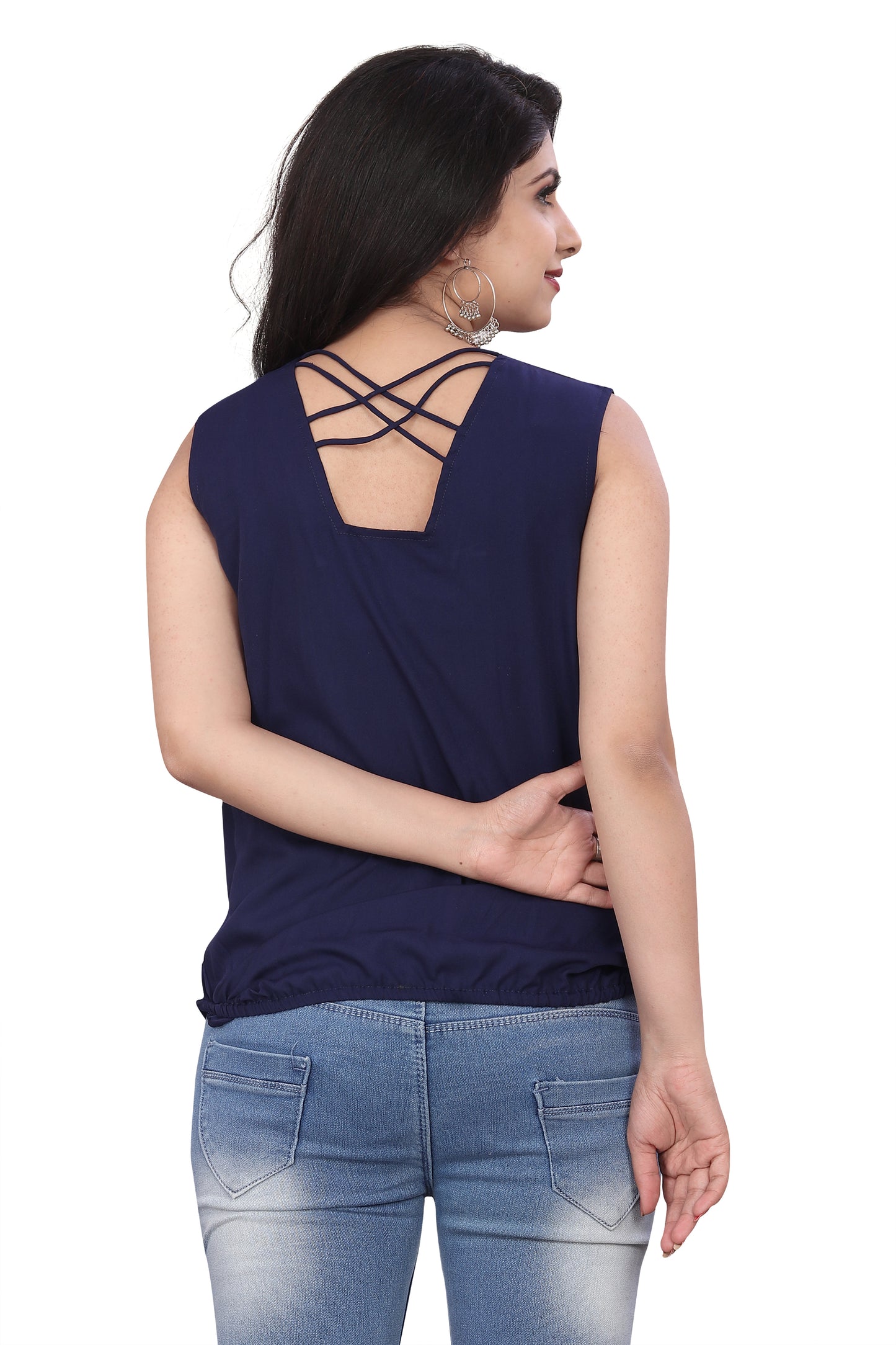 SUR-T Casual Sleeveless Striped Women Navy Blue Top