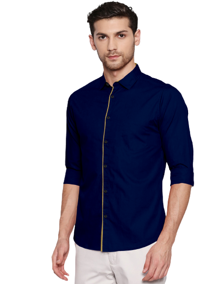 Men's Liner Design Slim Fit Navy Blue Cotton Shirt