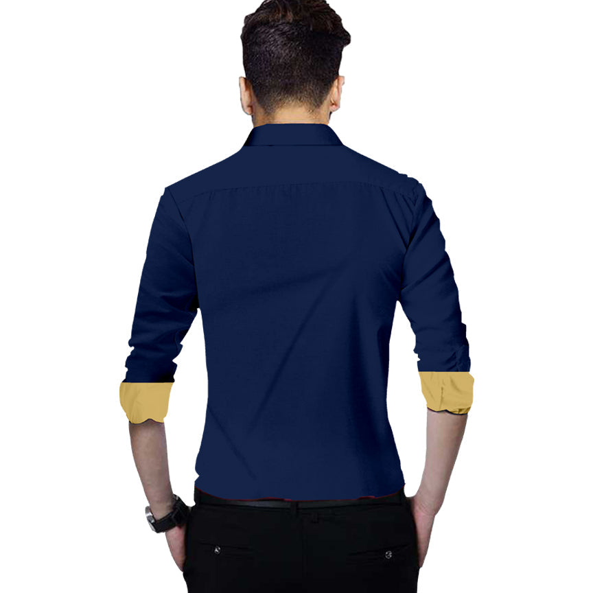 Men's Liner Design Slim Fit Navy Blue Cotton Shirt