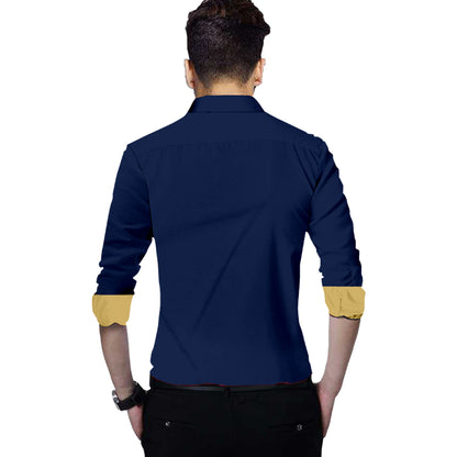Men's Liner Design Slim Fit Navy Blue Cotton Shirt