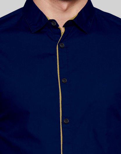 Men's Liner Design Slim Fit Navy Blue Cotton Shirt