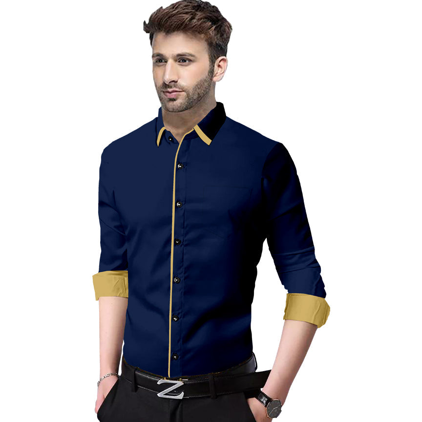 Men's Liner Design Slim Fit Navy Blue Cotton Shirt