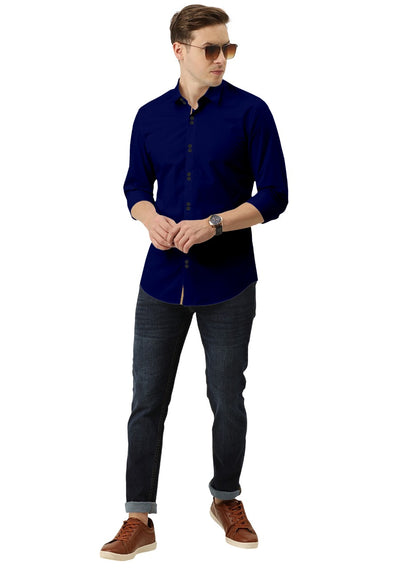 Men's Solid Slim Fit Cotton Double Button Navy Blue Shirt