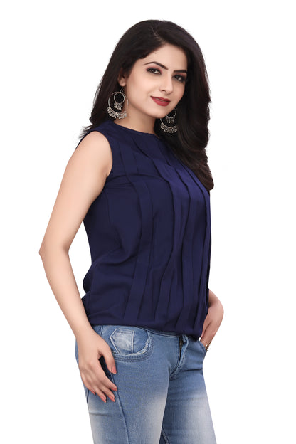 SUR-T Casual Sleeveless Striped Women Navy Blue Top