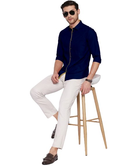 Men's Liner Design Slim Fit Navy Blue Cotton Shirt