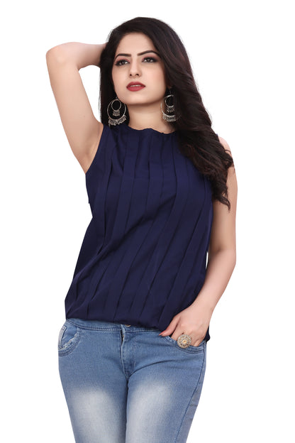 SUR-T Casual Sleeveless Striped Women Navy Blue Top