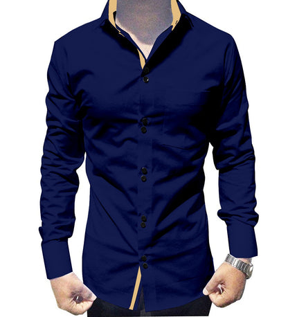 Men's Solid Slim Fit Cotton Double Button Navy Blue Shirt