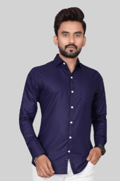 Men's Regular Fit Solid Spread Collar Casual Navy Blue Shirt