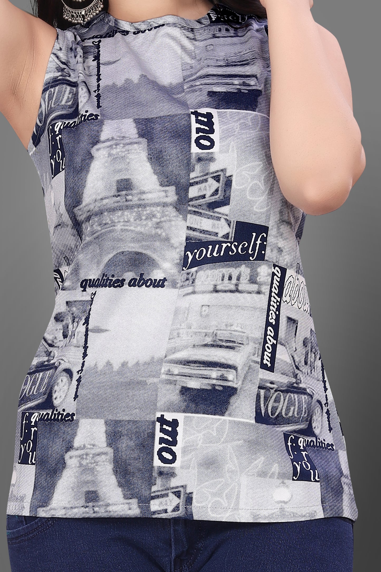 SUR-T Casual Sleeveless Printed Women Navy Blue Top