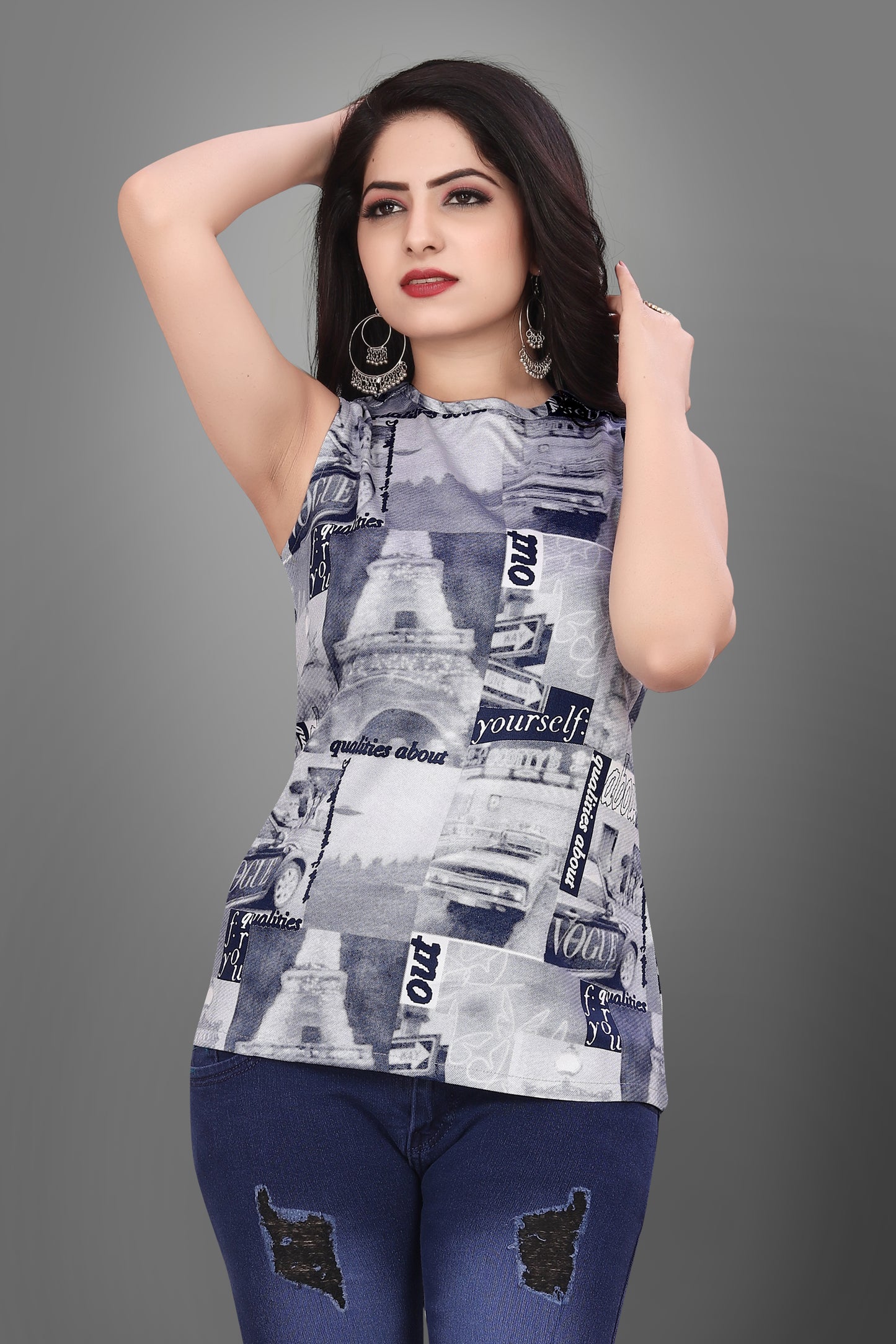 SUR-T Casual Sleeveless Printed Women Navy Blue Top